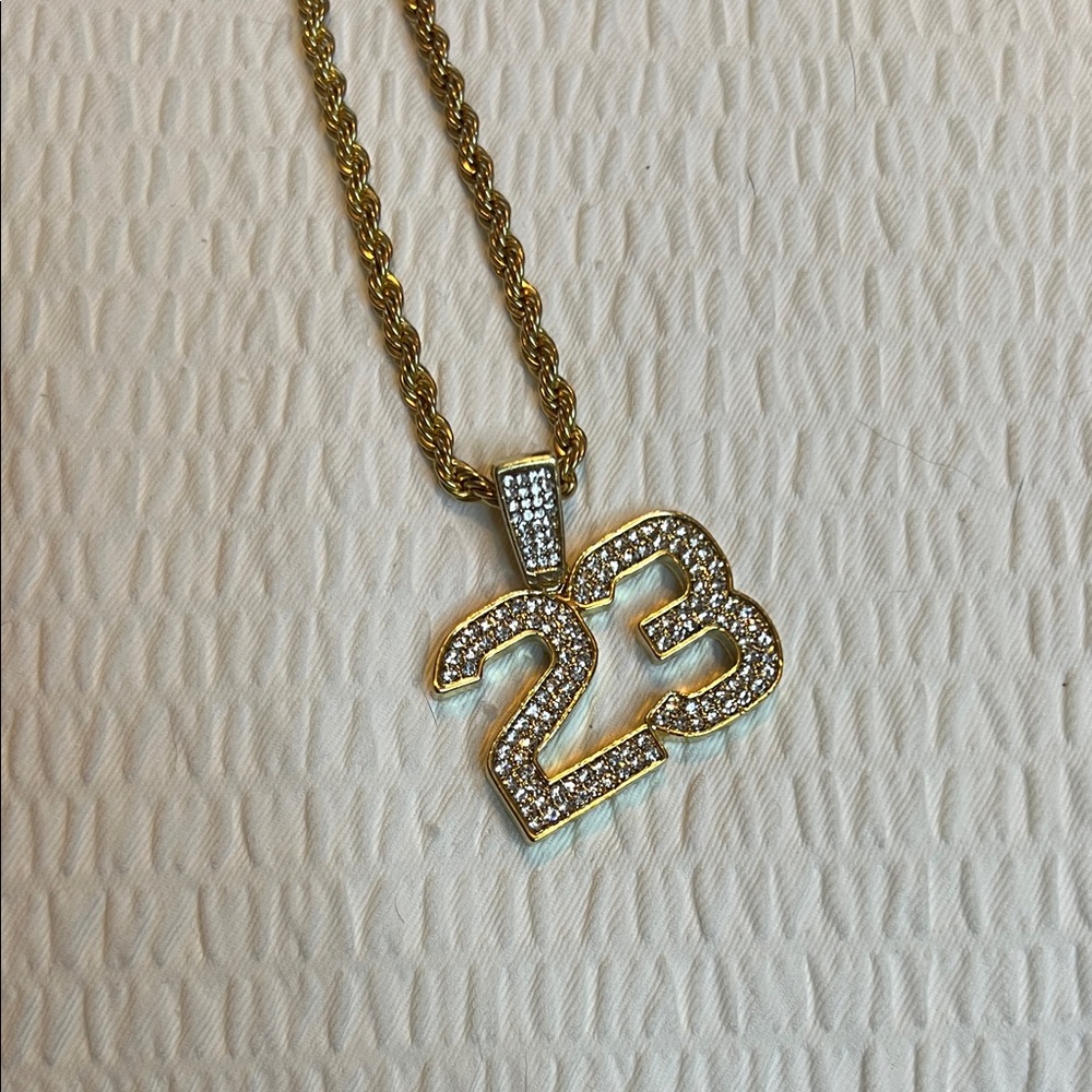 Gold tone Number Pendant Necklace with CZ accents 24” rope chain